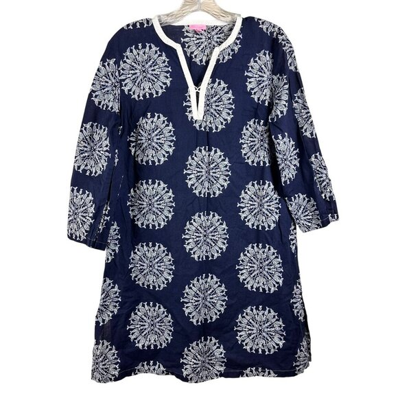 Lilly Pulitzer Navy White Fish Mandala Print Cover-up 3/4 Sleeves Split Small - Picture 1 of 10